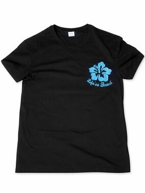 Black T-Shirt with Blue Hibiscus "Life's a Beach" Graphic